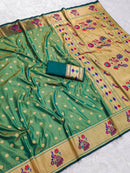 Elegant Sea Green Silk Saree with Gold Butti Weave & Multicolor Peacock Pallu