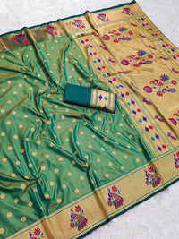 Elegant Sea Green Silk Saree with Gold Butti Weave & Multicolor Peacock Pallu