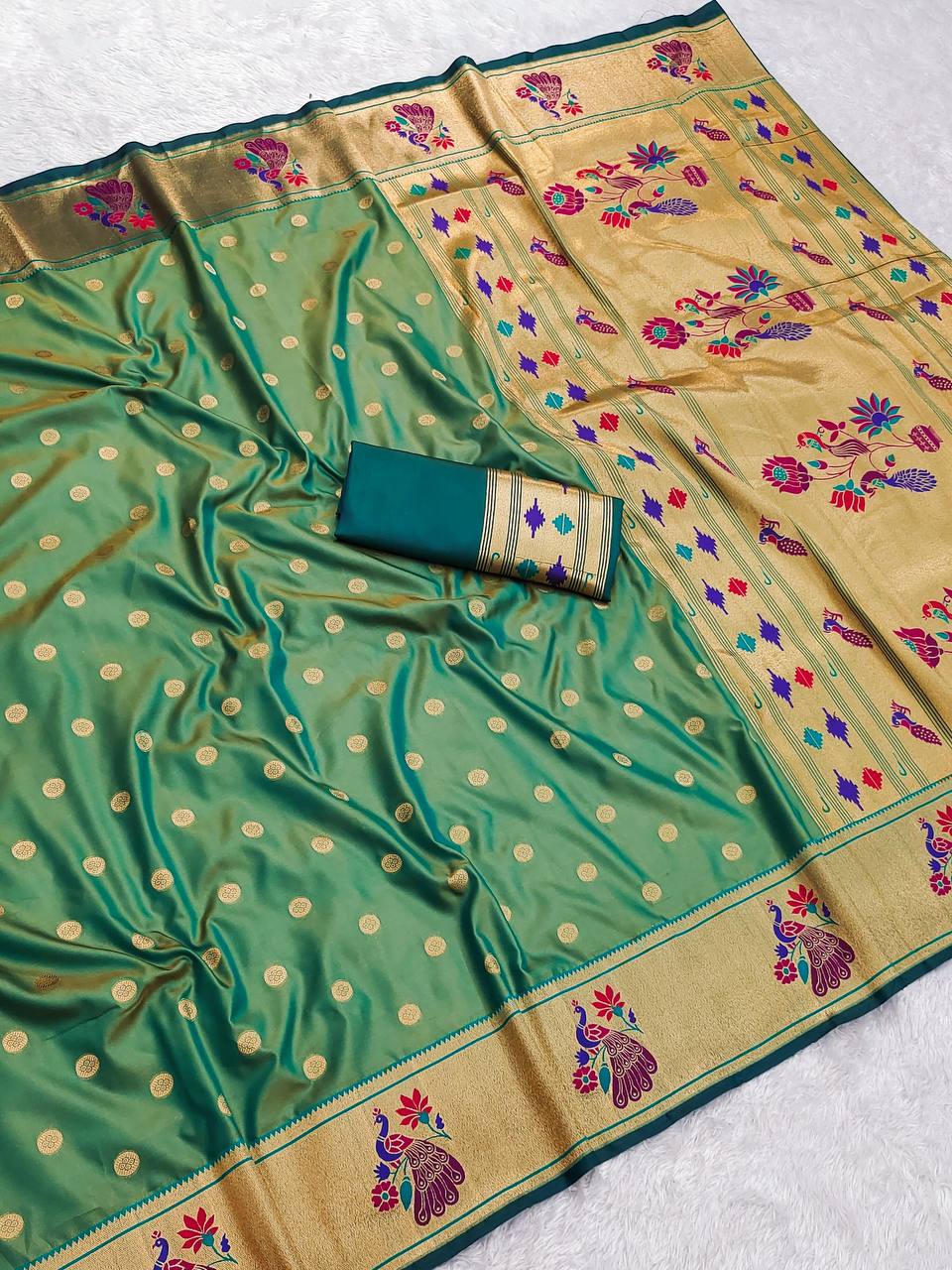 Elegant Sea Green Silk Saree with Gold Butti Weave & Multicolor Peacock Pallu
