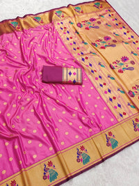 Elegant Rose Pink Silk Saree with Gold Butti Weave & Multicolor Peacock Pallu