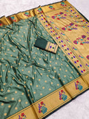 Elegant Sage Green Silk Saree with Gold Butti Weave & Multicolor Peacock Pallu