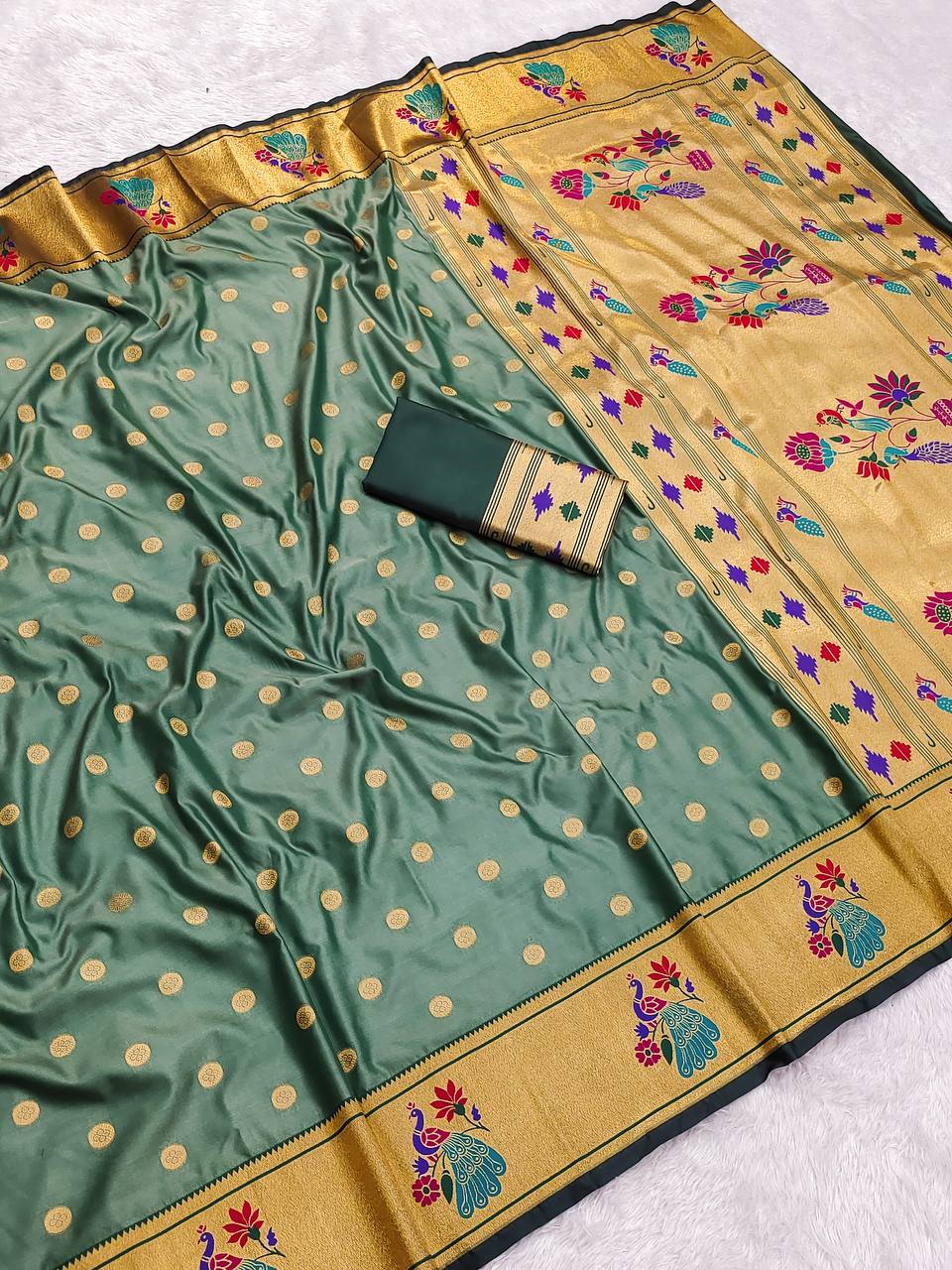 Elegant Sage Green Silk Saree with Gold Butti Weave & Multicolor Peacock Pallu