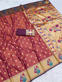 Rust Copper Silk Saree with Gold Butti Weave & Multicolor Peacock Pallu
