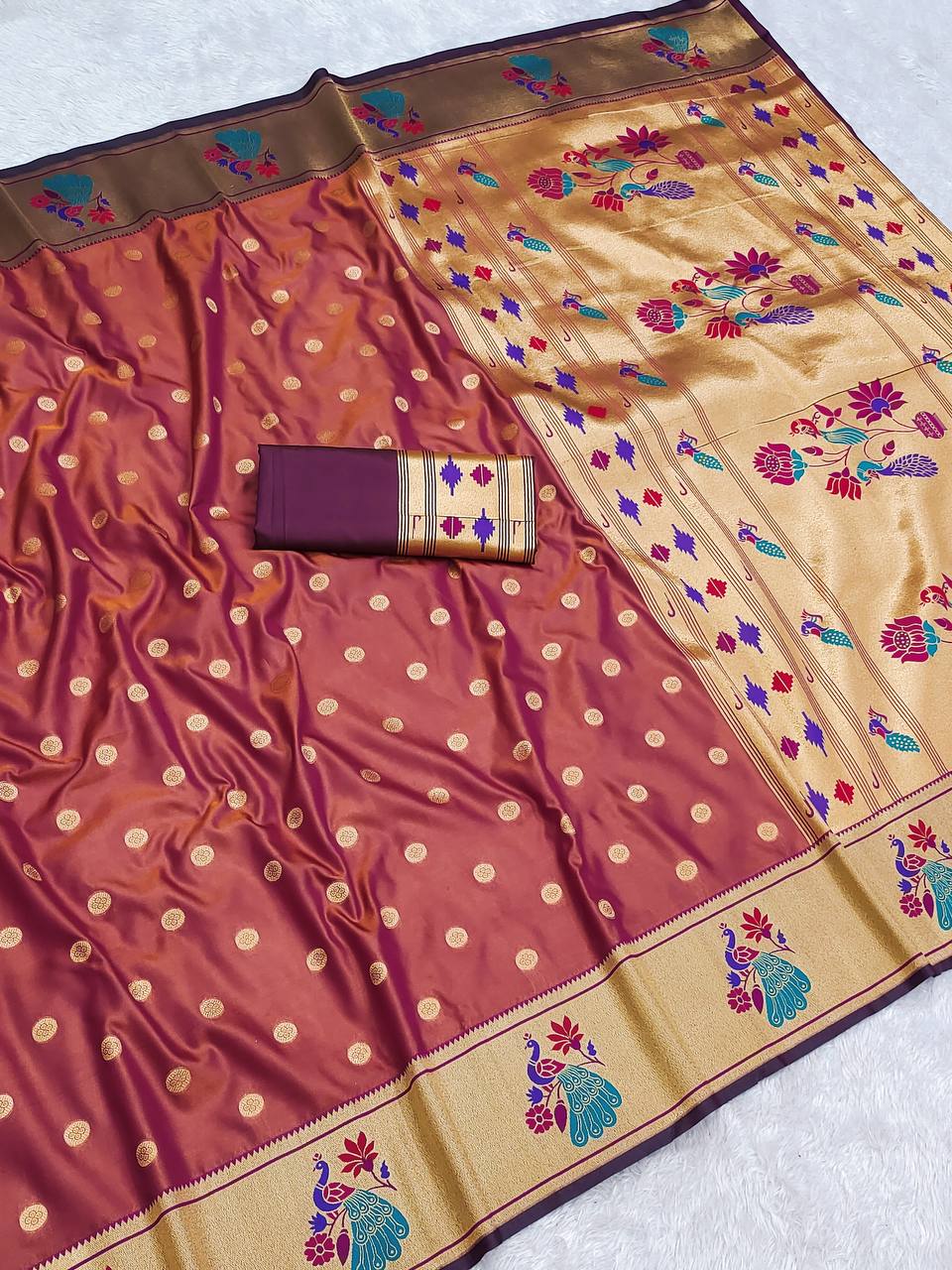 Rust Copper Silk Saree with Gold Butti Weave & Multicolor Peacock Pallu