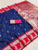 Royal Navy Blue Silk Saree with Rich Red Paisley Border & Gold Zari Pallu