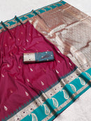 Wine Maroon Silk Saree with Teal Green Paisley Border & Antique Gold Zari Pallu