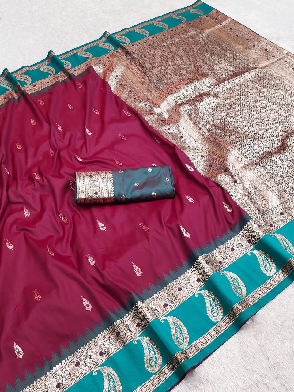 Wine Maroon Silk Saree with Teal Green Paisley Border & Antique Gold Zari Pallu