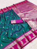 Emerald Green Silk Saree with Rani Pink Paisley Border & Heavy Gold Zari Pallu