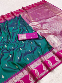 Emerald Green Silk Saree with Rani Pink Paisley Border & Heavy Gold Zari Pallu