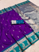 Royal Purple Silk Saree with Teal Green Paisley Border & Silver Zari Pallu