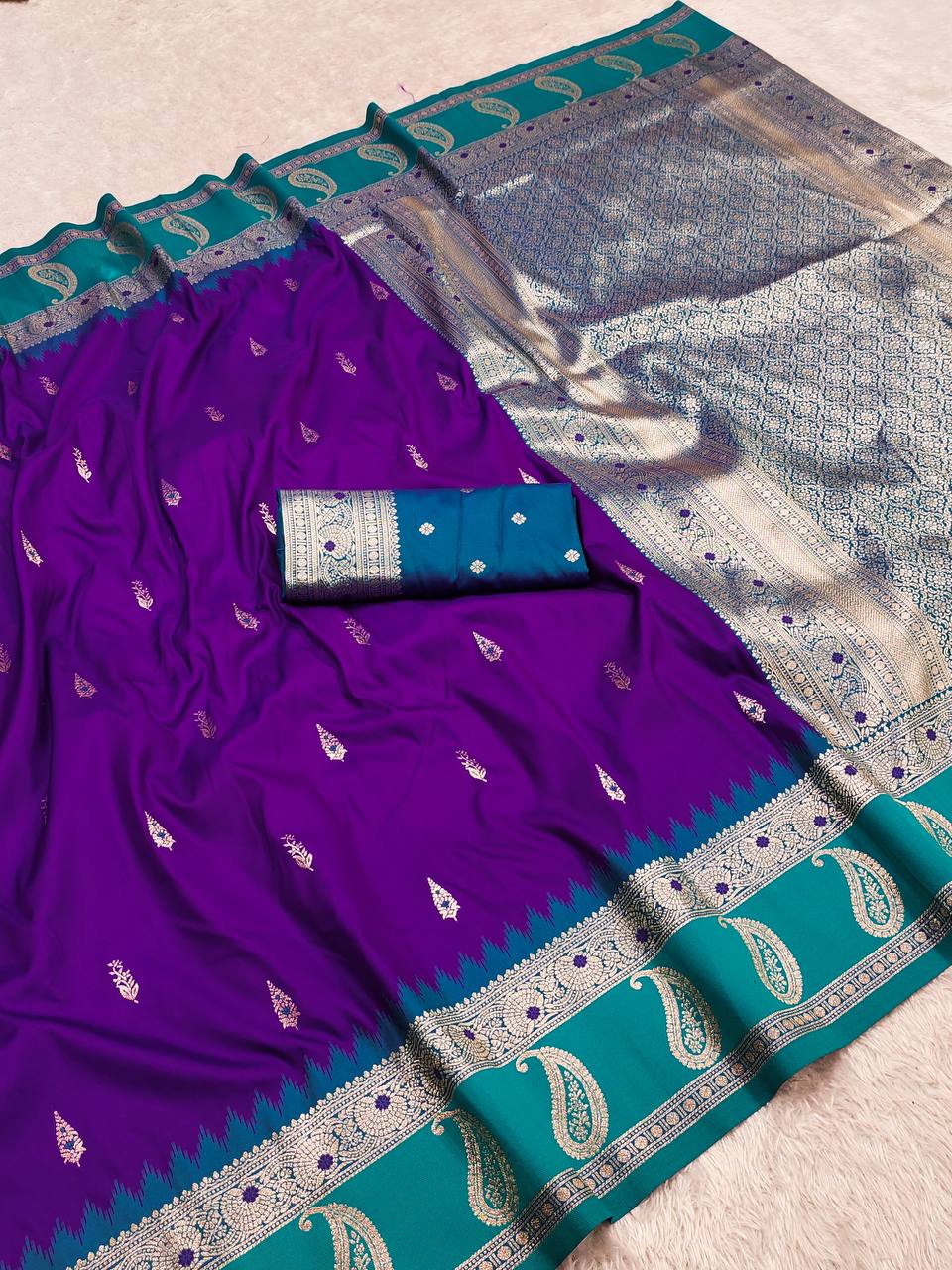 Royal Purple Silk Saree with Teal Green Paisley Border & Silver Zari Pallu