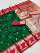 Classic Emerald Green Silk Saree with Red Paisley Border & Rich Gold Zari Pallu
