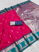 Rani Pink Banarasi Silk Saree with Teal Border and Silver Zari Pallu