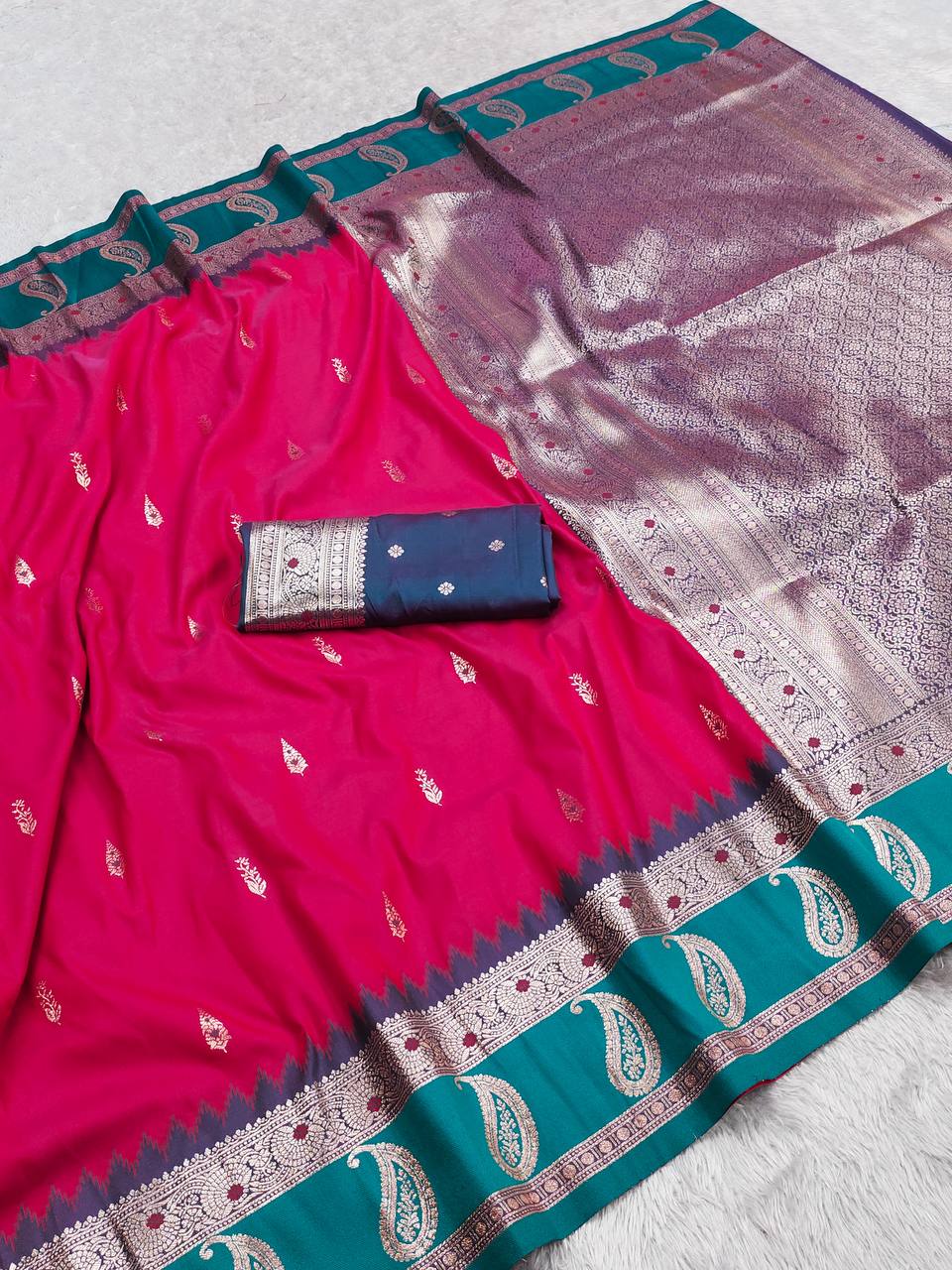 Rani Pink Banarasi Silk Saree with Teal Border and Silver Zari Pallu