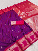 Purple Banarasi Silk Saree with Rani Pink Border and Heavy Zari Pallu