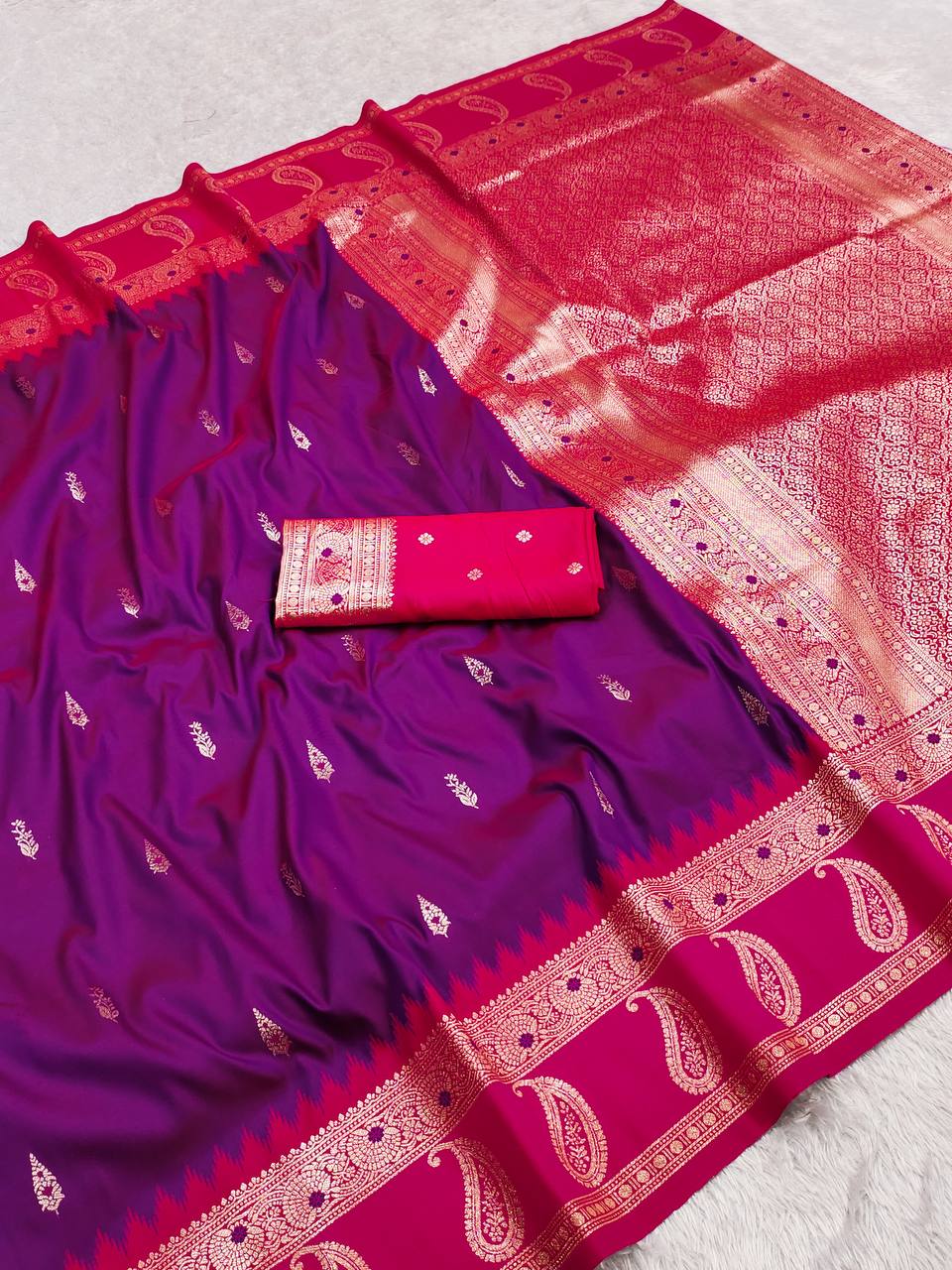 Purple Banarasi Silk Saree with Rani Pink Border and Heavy Zari Pallu