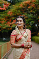 Authentic Ivory & Crimson Red Kanchipuram Silk Saree with Traditional Gold Zari