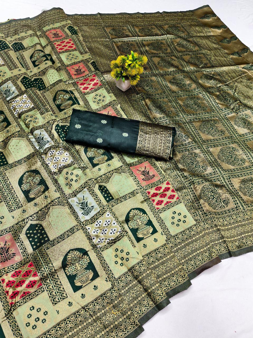 Elegant Mehendi Green Art Silk Patola Saree with Antique Zari Pallu