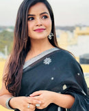 Classic Black Soft Chiffon Saree with Silver Floral Motifs and Minimal Border