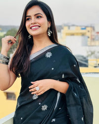 Classic Black Soft Chiffon Saree with Silver Floral Motifs and Minimal Border