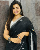 Classic Black Soft Chiffon Saree with Silver Floral Motifs and Minimal Border