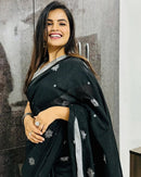 Classic Black Soft Chiffon Saree with Silver Floral Motifs and Minimal Border