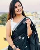 Classic Black Soft Chiffon Saree with Silver Floral Motifs and Minimal Border