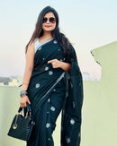 Classic Black Soft Chiffon Saree with Silver Floral Motifs and Minimal Border