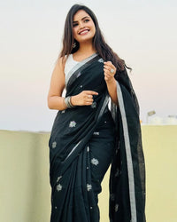 Classic Black Soft Chiffon Saree with Silver Floral Motifs and Minimal Border