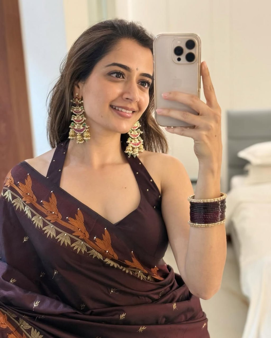 Elegant Wine Purple Satin Silk Saree with Minimal Motif Work and Modern Blouse Look