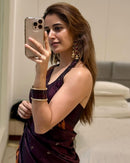 Elegant Wine Purple Satin Silk Saree with Minimal Motif Work and Modern Blouse Look