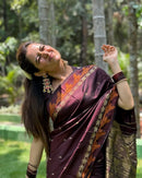 Elegant Wine Purple Satin Silk Saree with Minimal Motif Work and Modern Blouse Look