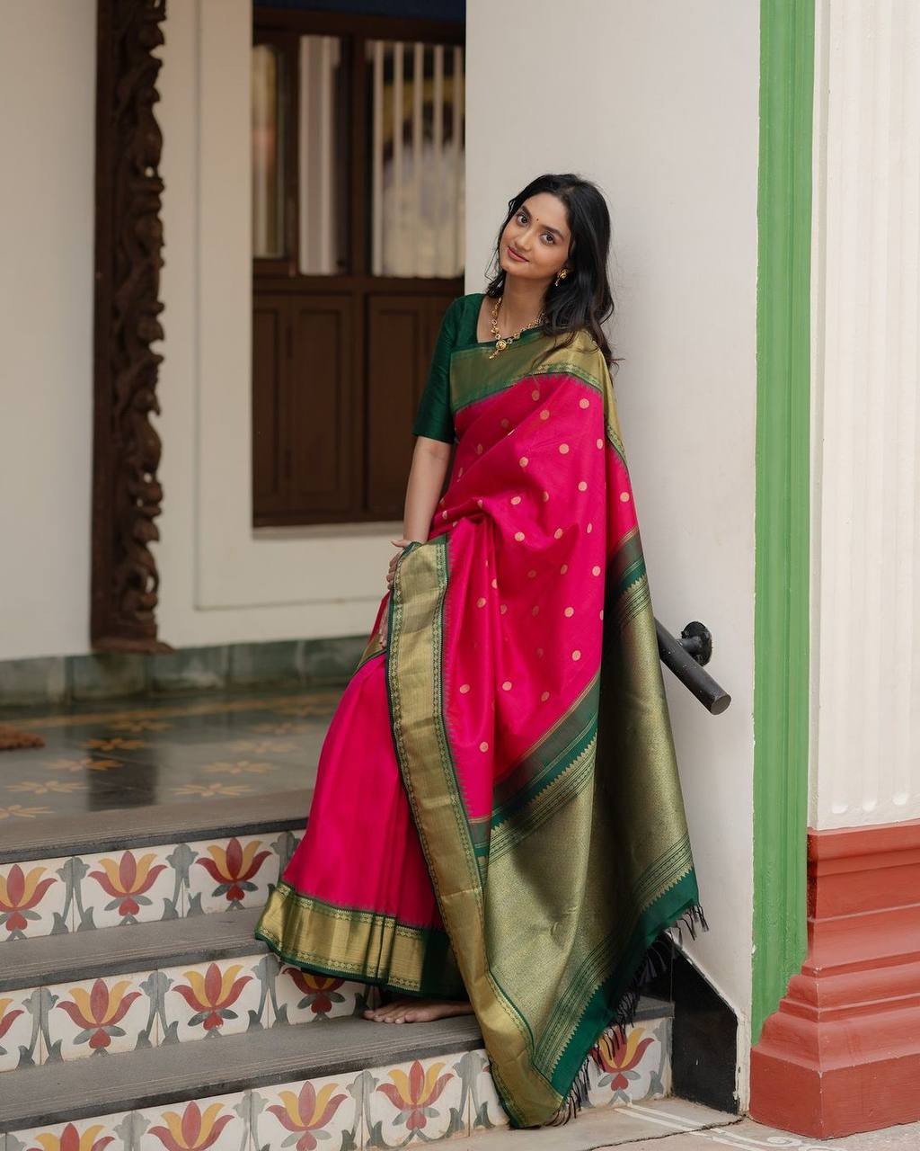 Rani Pink Silk Saree with Green & Gold Zari Border