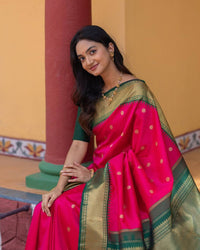 Rani Pink Silk Saree with Green & Gold Zari Border