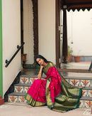 Rani Pink Silk Saree with Green & Gold Zari Border