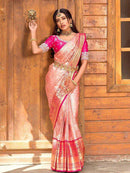 Royal Peach & Rani Pink Silk Blend Saree with Rich Zari Border