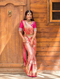 Royal Peach & Rani Pink Silk Blend Saree with Rich Zari Border
