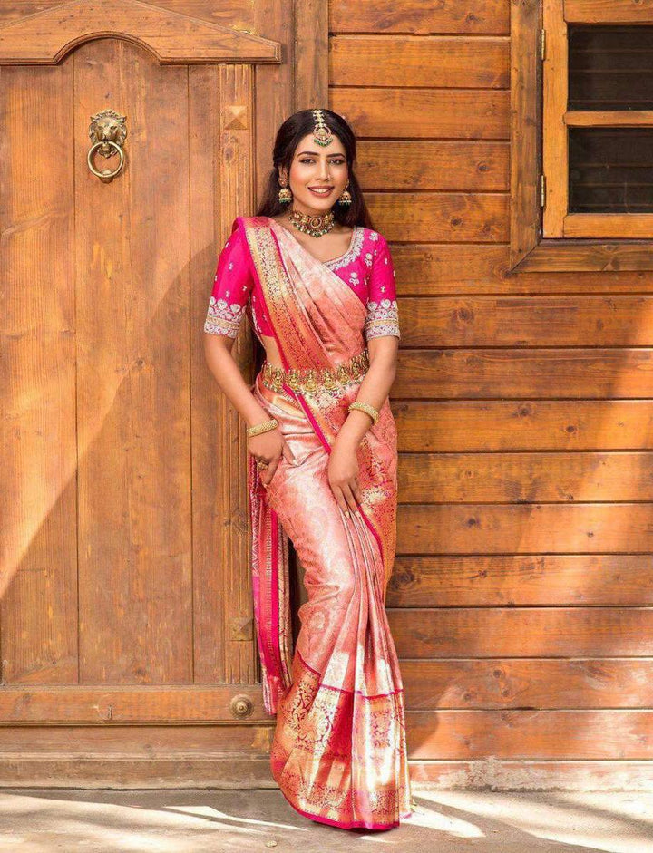 Royal Peach & Rani Pink Silk Blend Saree with Rich Zari Border