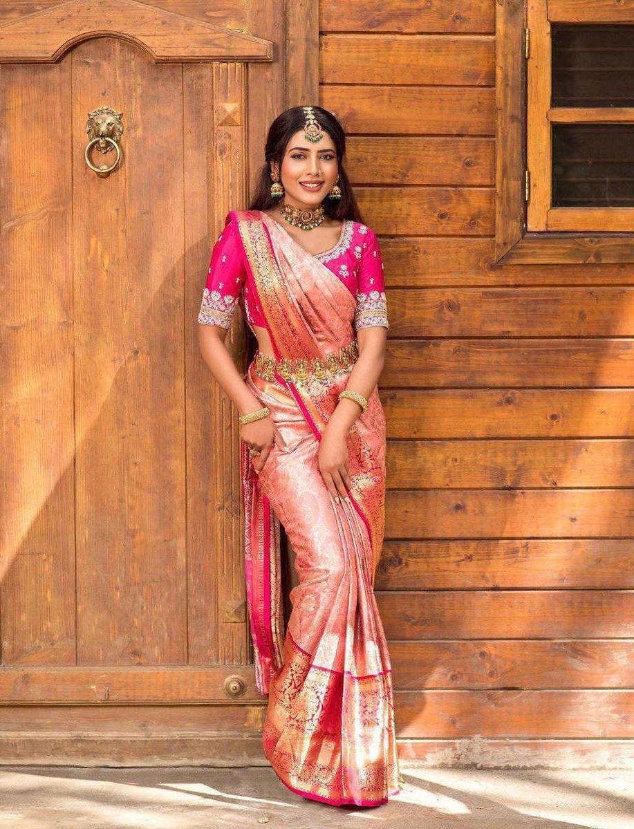 Royal Peach & Rani Pink Silk Blend Saree with Rich Zari Border