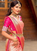 Royal Peach & Rani Pink Silk Blend Saree with Rich Zari Border