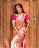 Royal Peach & Rani Pink Silk Blend Saree with Rich Zari Border
