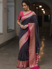 Navy Blue Silk Saree with Rani Pink Floral Zari Border