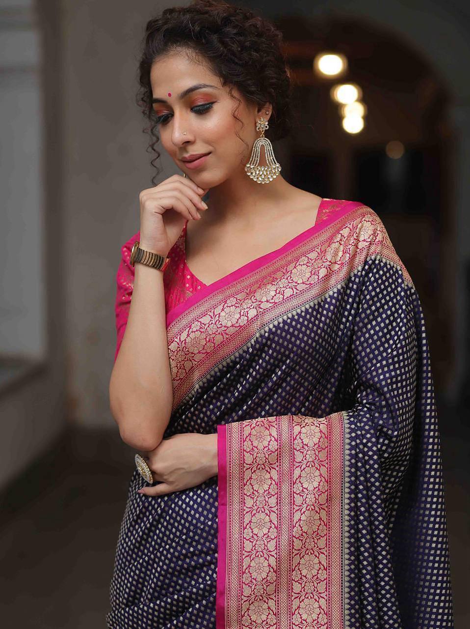 Navy Blue Silk Saree with Rani Pink Floral Zari Border