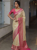 Cream Gold Silk Saree with Rani Pink Zari Border & Elegant Pallu