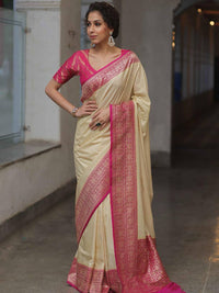 Cream Gold Silk Saree with Rani Pink Zari Border & Elegant Pallu