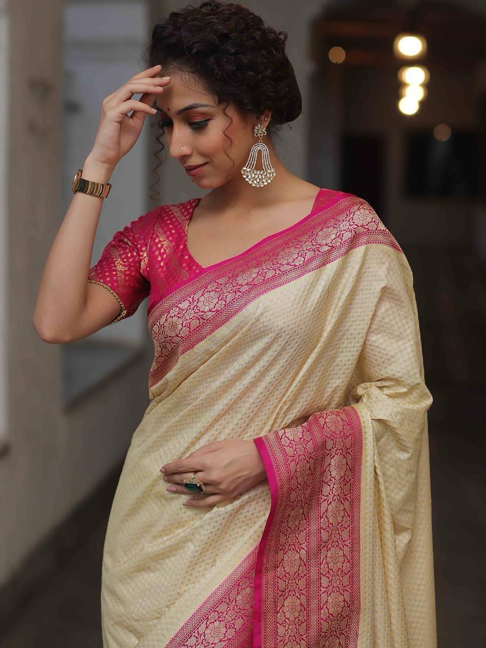 Cream Gold Silk Saree with Rani Pink Zari Border & Elegant Pallu