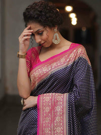 Navy Blue Silk Saree with Rani Pink Floral Zari Border
