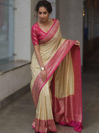 Cream Gold Silk Saree with Rani Pink Zari Border & Elegant Pallu