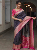 Navy Blue Silk Saree with Rani Pink Floral Zari Border