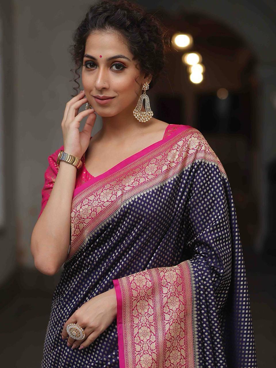 Navy Blue Silk Saree with Rani Pink Floral Zari Border